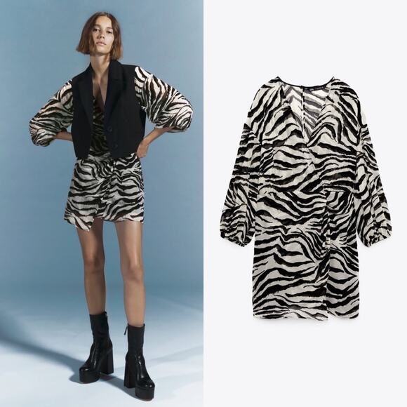 ZARA BLOGGER FAVORITE ANIMAL PRINT MINI DRESS TIGER - Picture 4 of 10